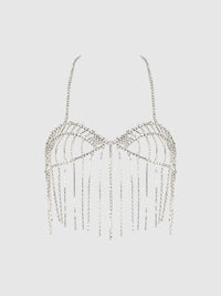 House of Desire Rhinestone Fringe Cropped Cami Top Silver