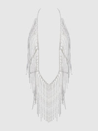 House of Desire Rhinestone Plunge & Fringe Teddy Silver