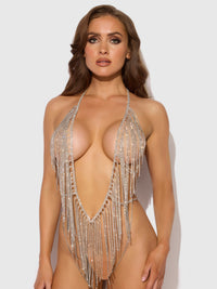 House of Desire Rhinestone Plunge & Fringe Teddy Silver