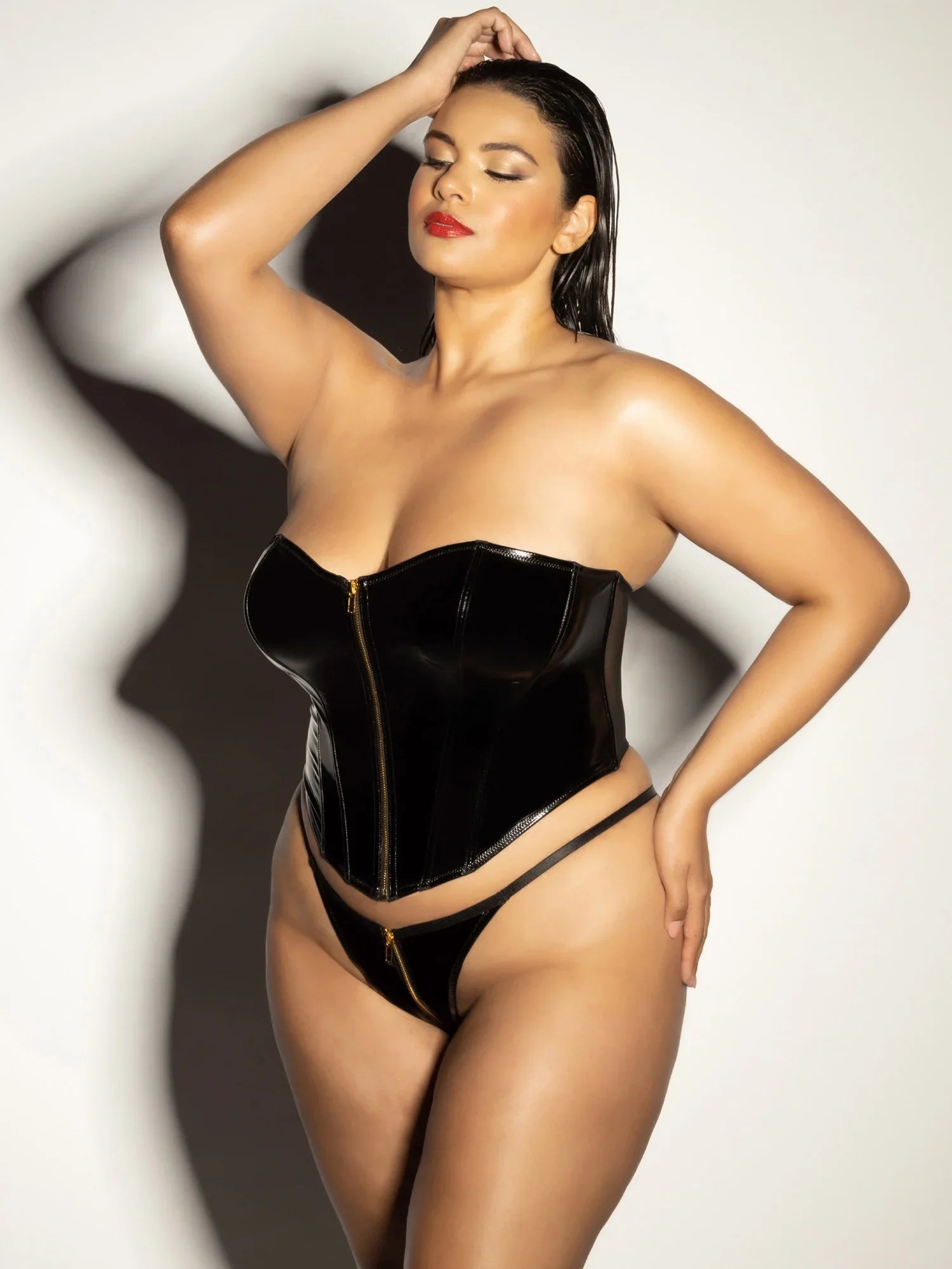 Oh la la Cheri Curvy Rider Bustier Bra Set Zipper Front Vinyl Black-Rebel Romance