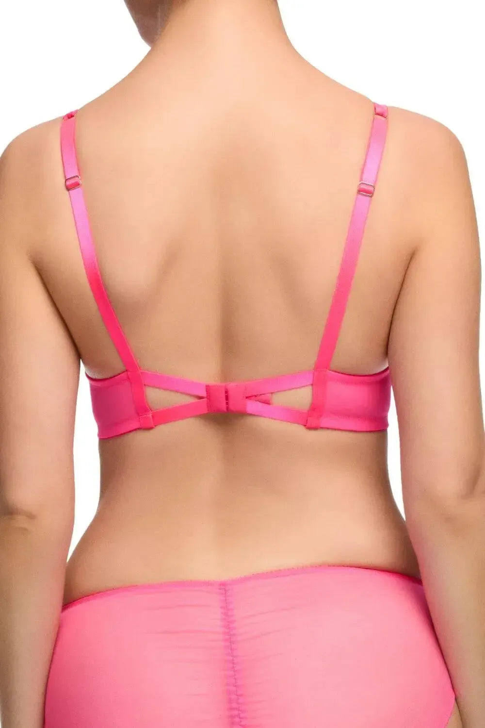 Rosabelle Unlined Bra in Pink Pizazz, featuring a cutout back band and adjustable satin straps.
