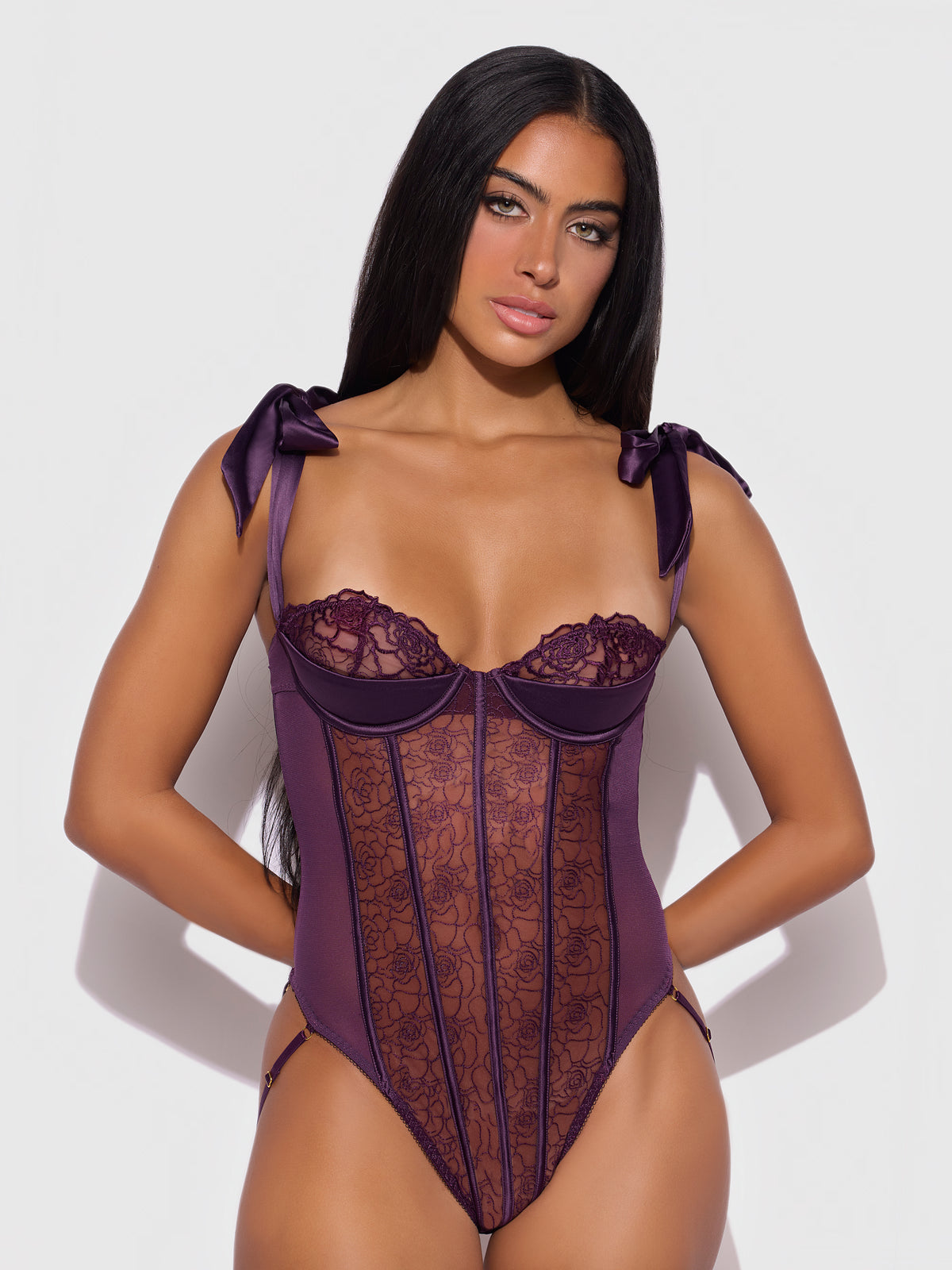 Rosalie Embroidered Lace Teddy Roses Purple Shadow