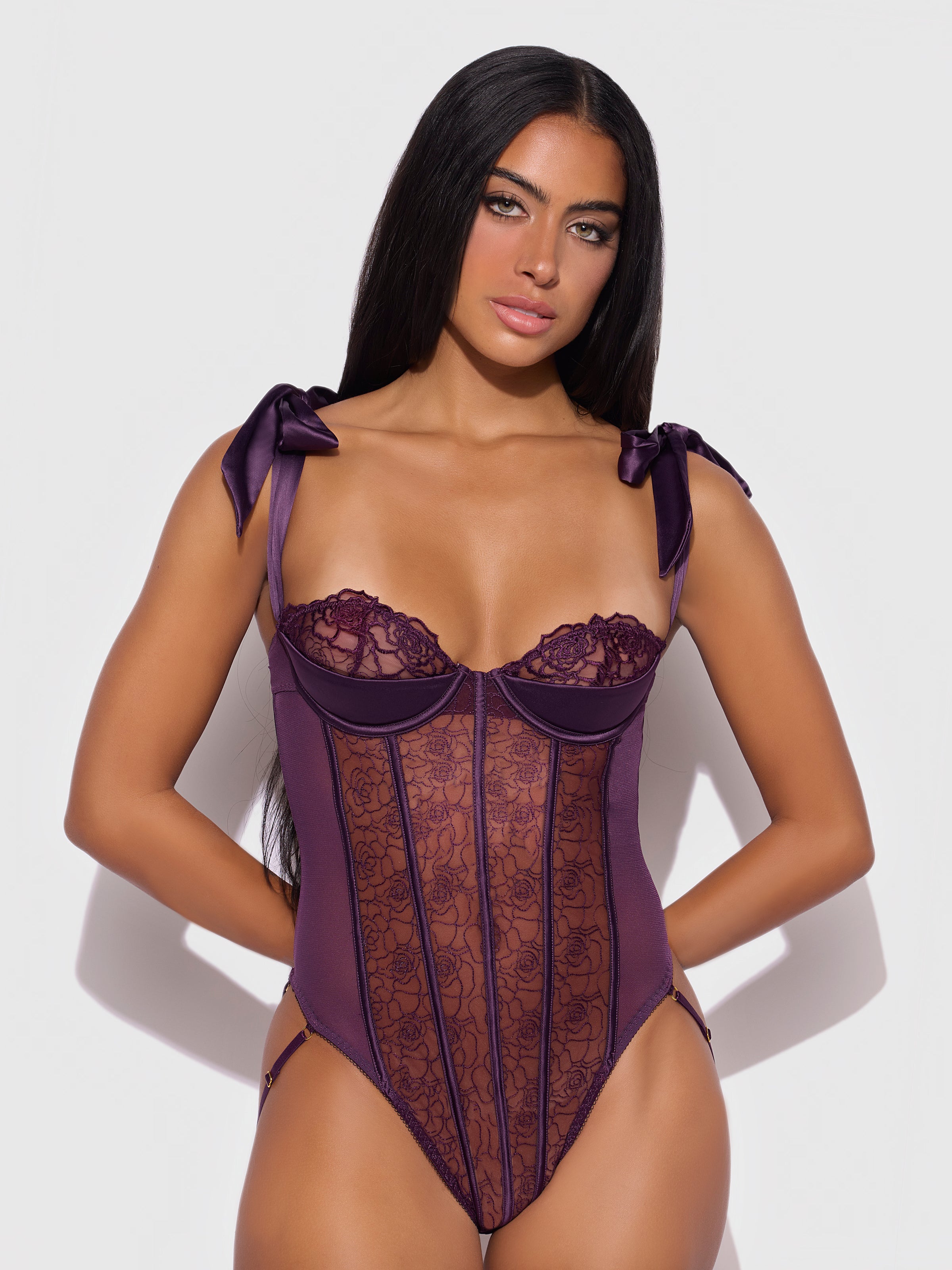 House of Desire Rosalie Embroidered Lace Teddy Roses Purple Shadow