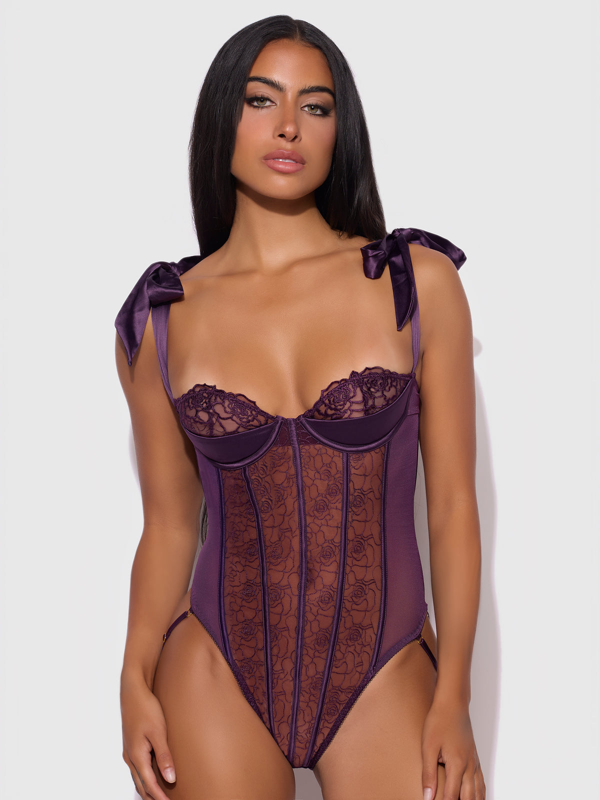 Rosalie Embroidered Lace Teddy Roses Purple Shadow