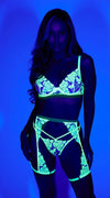 Escante Blacklight Glowing Embroidery Garter Bra Set Sunburst