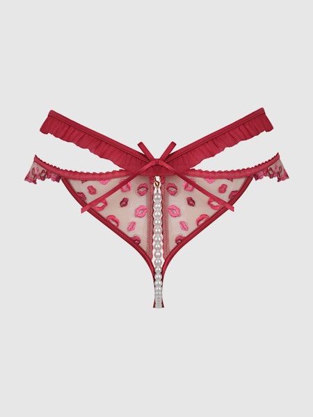 House of Desire Angelina Lips Embroidery Pearl & Crotchless Bikini