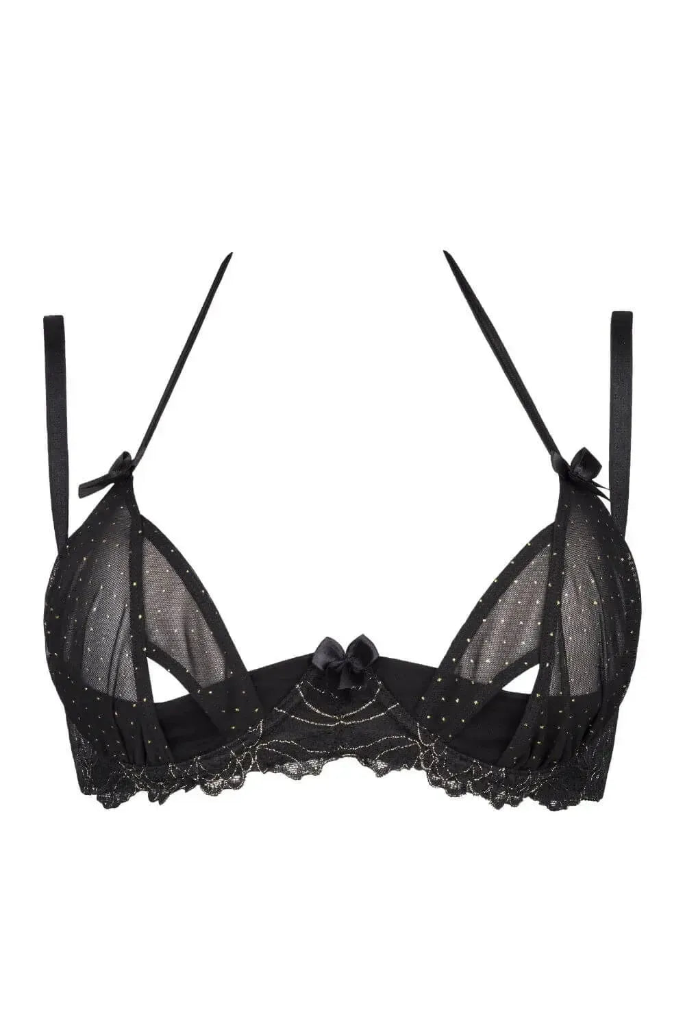 Axami Satellite quarter cup shelf bra: black tulle with gold flecks, lace trim, and sensual cutouts.
