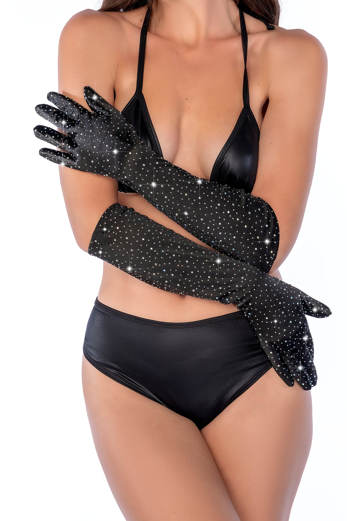 Satin Rhinestone Opera Gloves Black