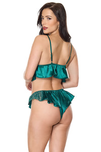 Satin Ruffle Peplum Bralette Sleep Set Green