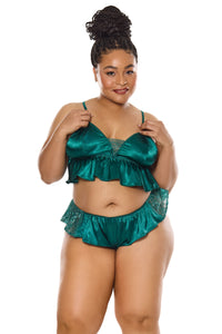 Satin Ruffle Peplum Bralette Sleep Set Green