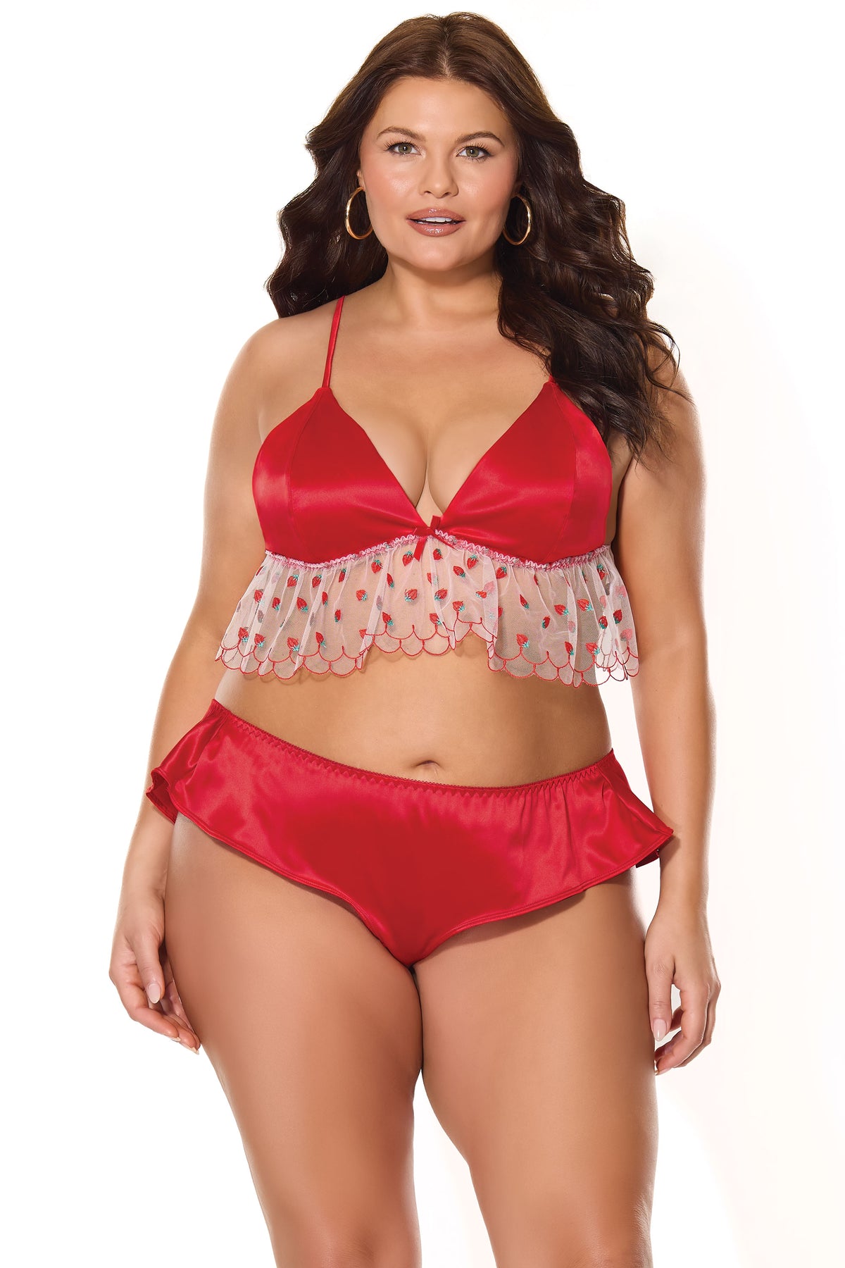 Satin Ruffle Peplum Bralette Sleep Set Strawberry