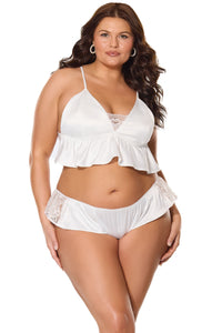 Satin Ruffle Peplum Bralette Sleep Set White