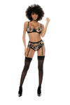 Mapale Kyra Satin Sheer Floral Embroidered Lace Gartered Bra Set Black/Nude