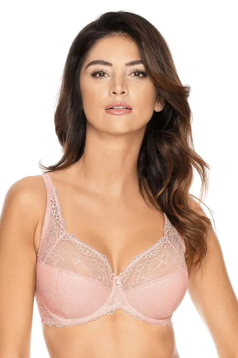 Sexy powder pink lace plunge bra B3 with floral pattern, ribbon bow, and semi-padded cups for perfect fit.