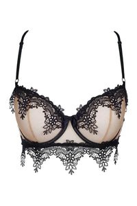 Sevilla Sheer Unlined Bra: elegant beige tulle with black lace overlay, underwire cups, and adjustable straps.