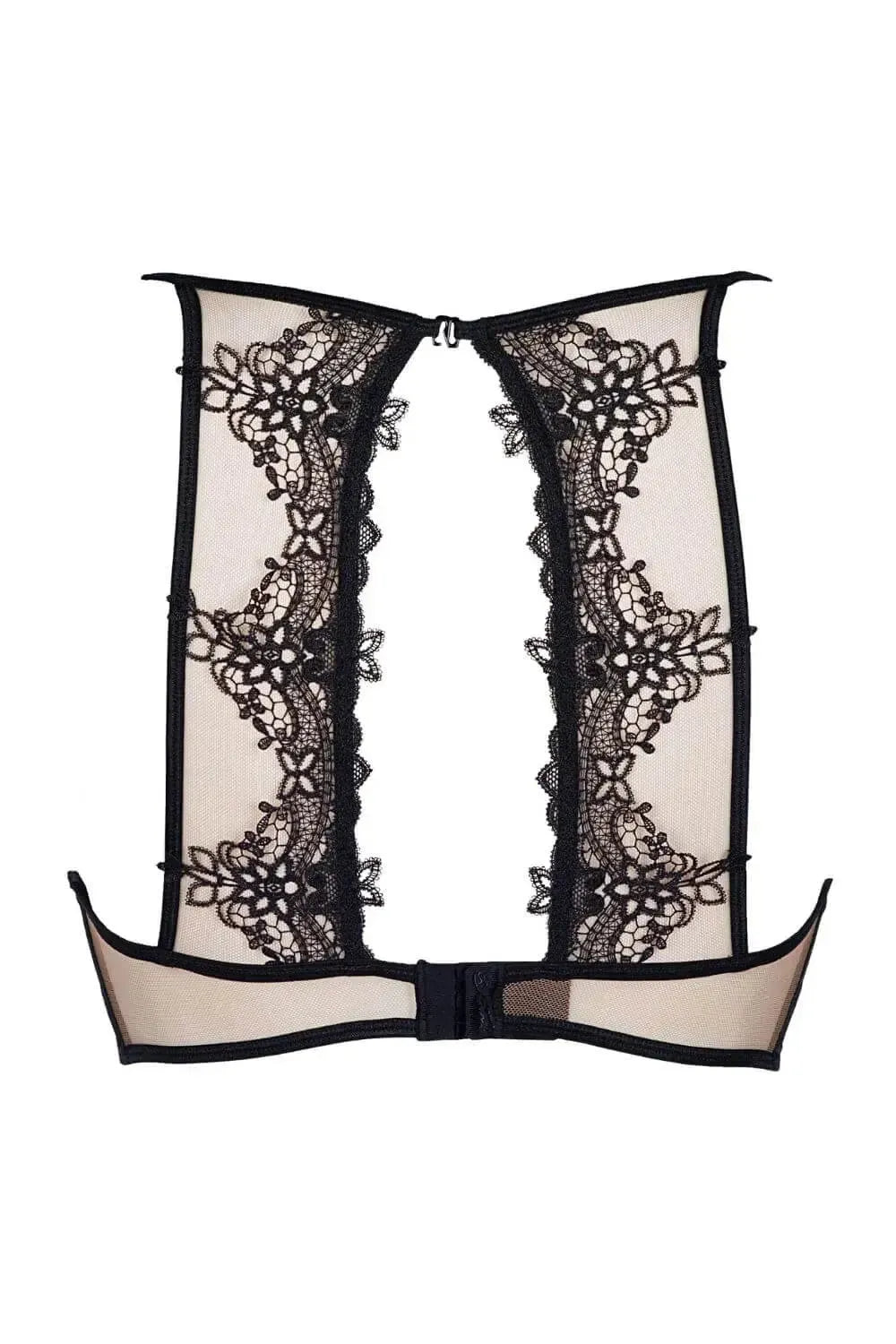 Sevilla Sheer Unlined Bra: Elegant beige tulle with black lace overlay, delicate and seductive design.