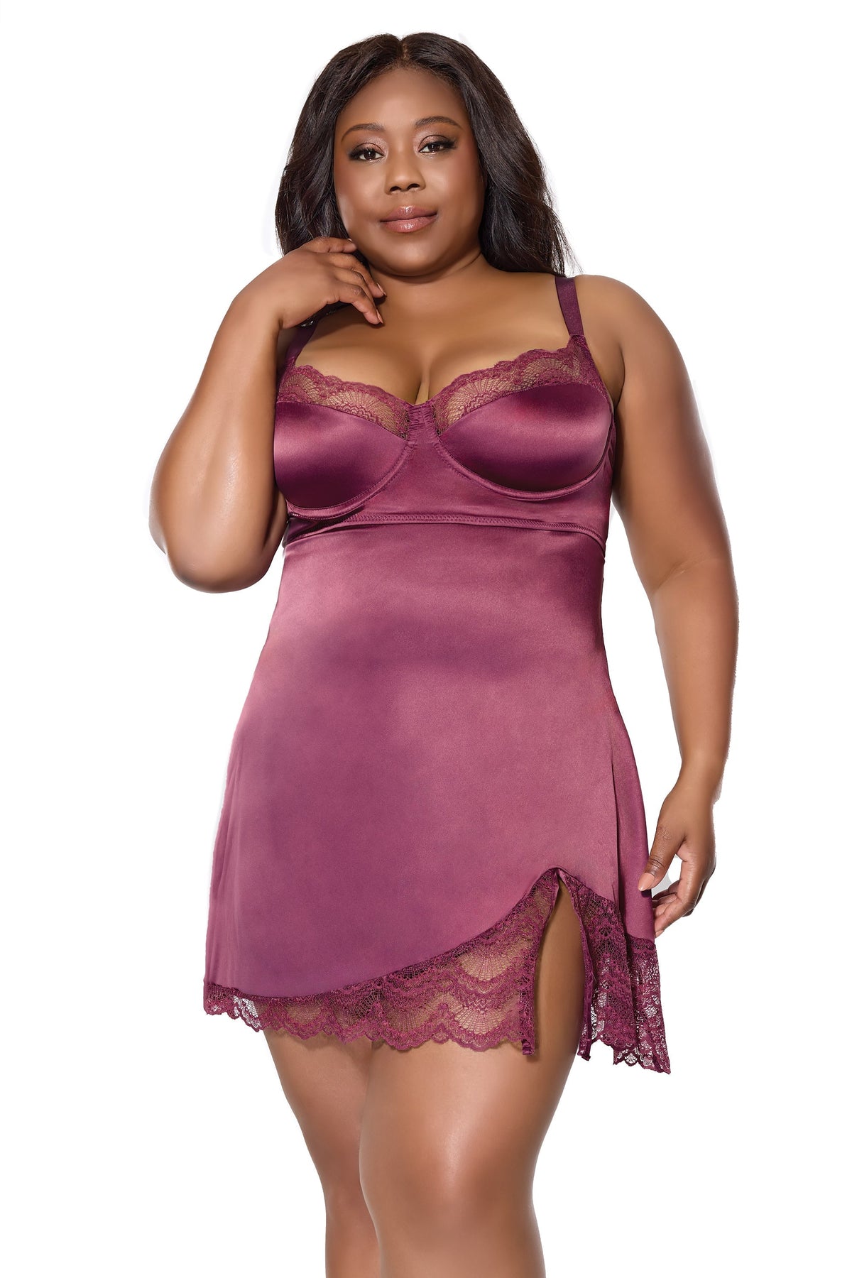 Kissed by Satin Chemise with Lace Side Slit Plum