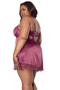 Kissed by Satin Chemise with Lace Side Slit Plum