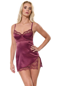 Coquette Sexy Lace Stretch Satin Side Slit Chemise Plum