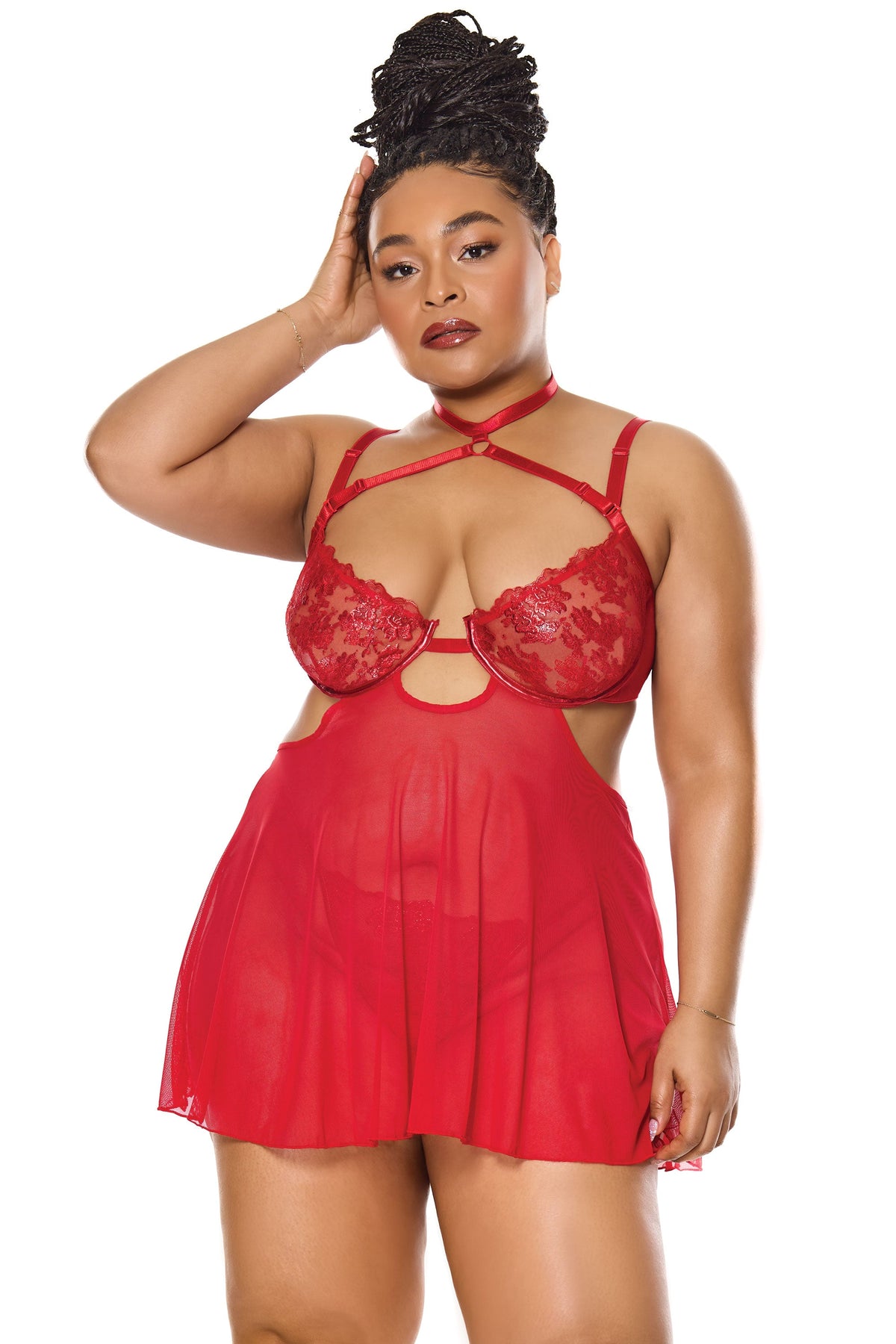 Sheer Embroidery Mesh Metallic Wet Look Babydoll Red