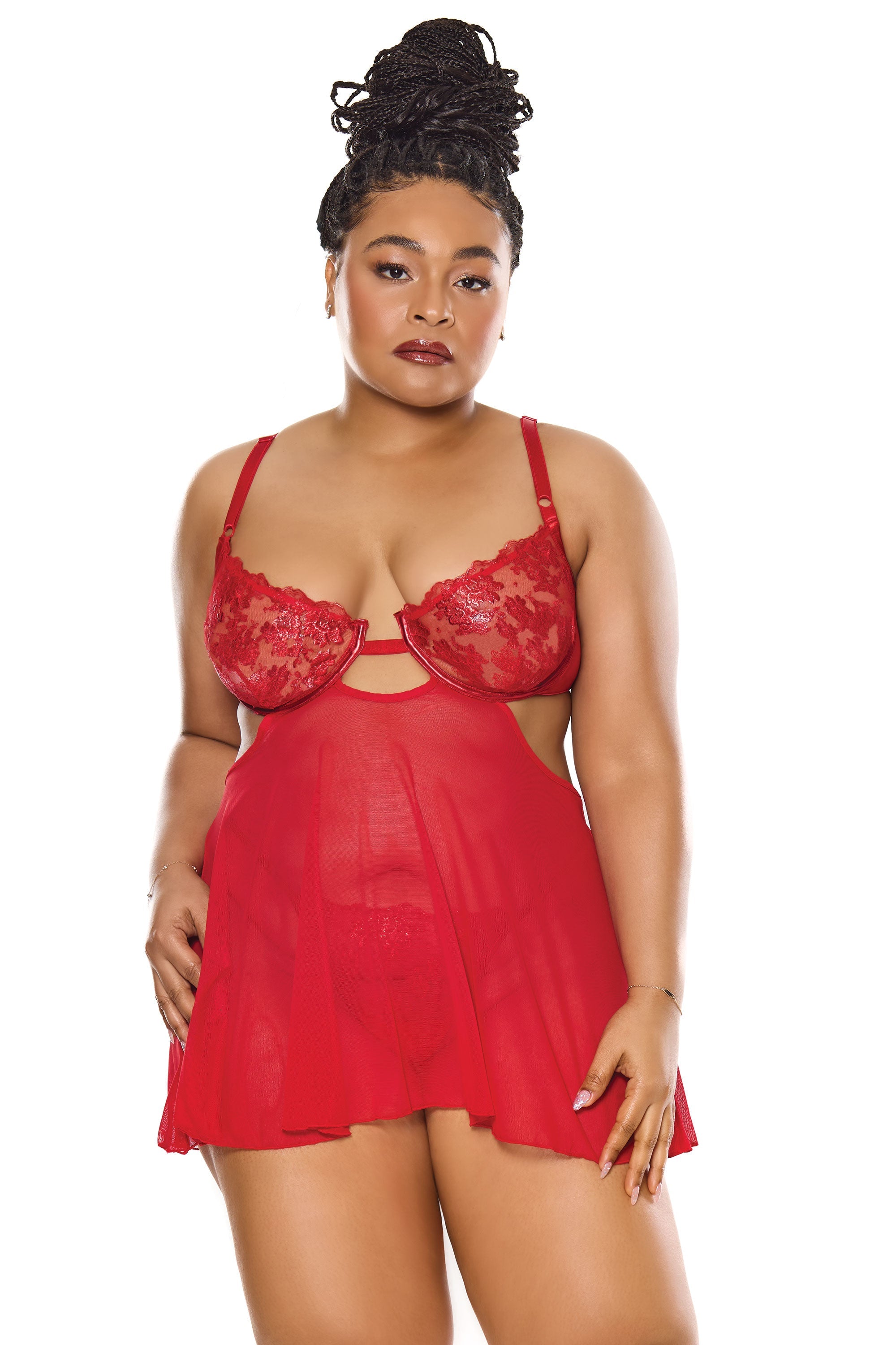 Coquette Sheer Embroidery Mesh Metallic Wet Look Babydoll Red