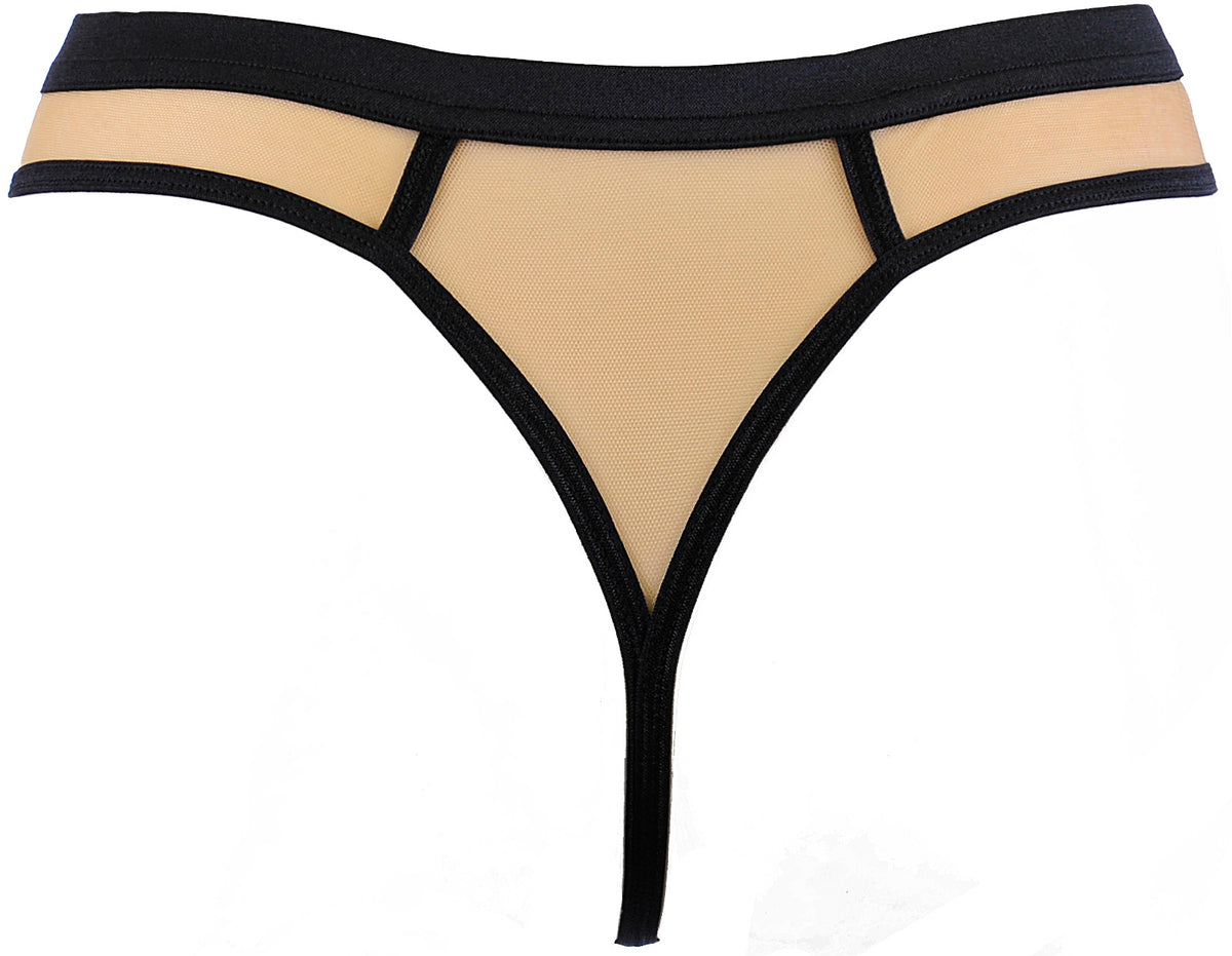 Axami Luminesce thong back view in sheer nude mesh with black binding and cut-out hip detailing