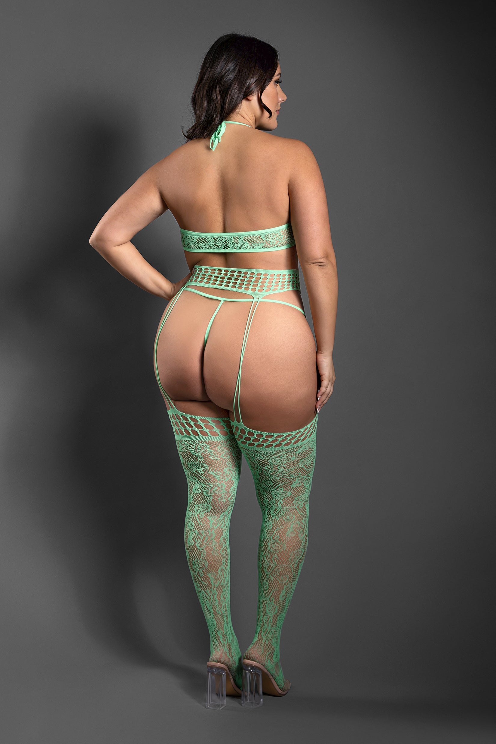 Fantasy Lingerie Sheer Heart Of Glass 3pc Gartered Stockings Set Seaglass Queen