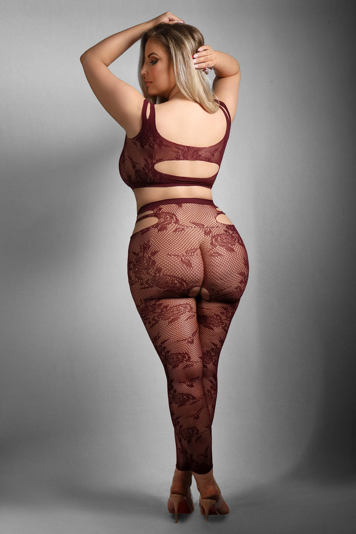 Sheer Queen Undivided Attention Top & Crotchless Tights Burgundy-Fantasy Lingerie-Rebel Romance