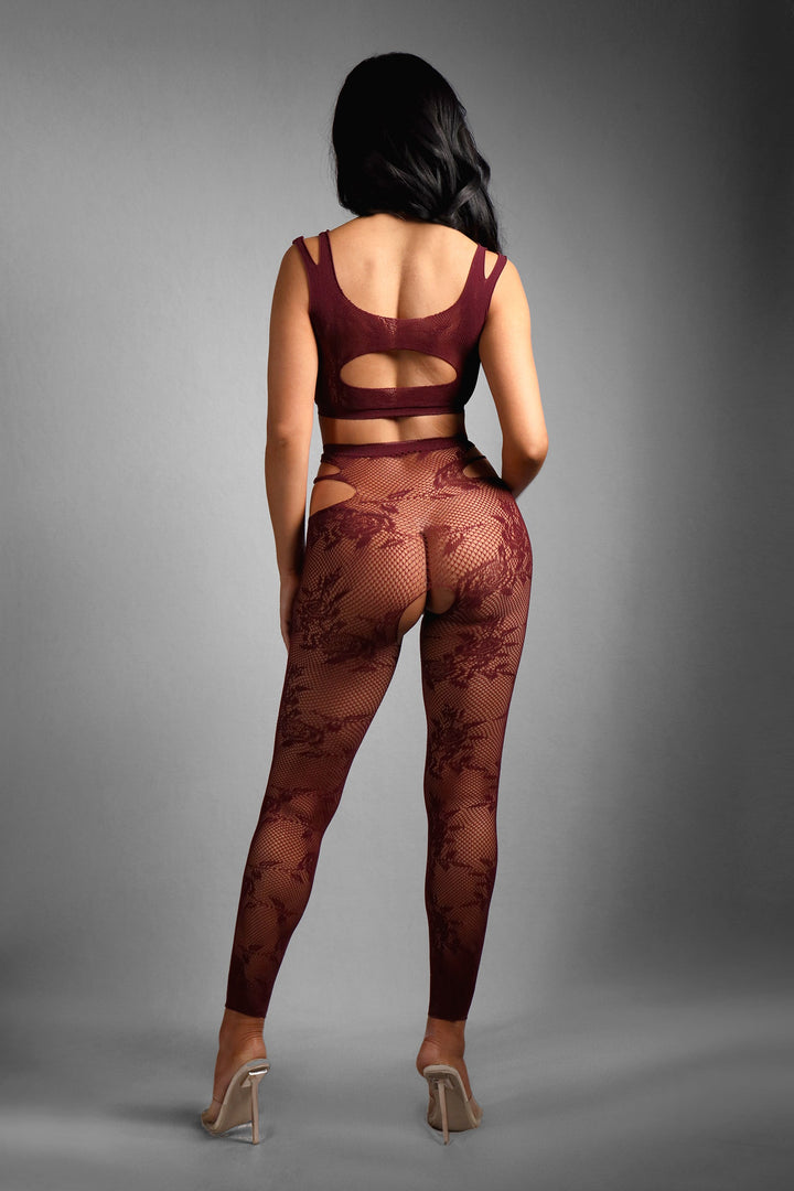 Sheer Undivided Attention Top & Crotchless Tights Burgundy-Fantasy Lingerie-Rebel Romance