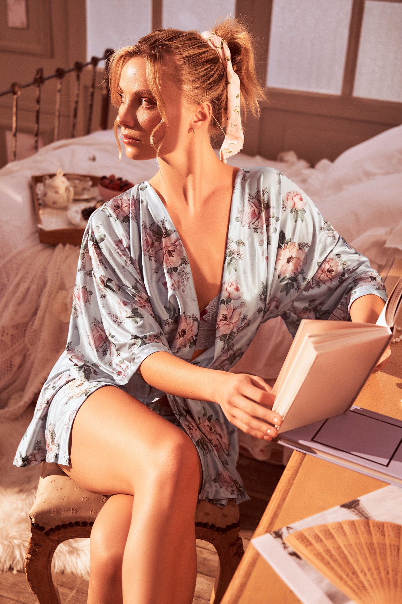 Silver Bloom Printed Short Robe - Mapale