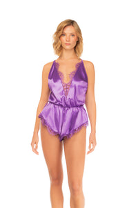 Slipstream Lace Trim Satin Romper Purple Rain - Mapale