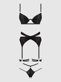 House of Desire Snake Velvet Burnout Mesh Bra Set Black