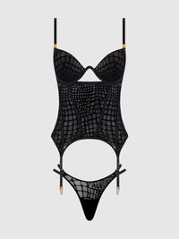 House of Desire Snake Velvet Burnout Mesh Bustier Set Black