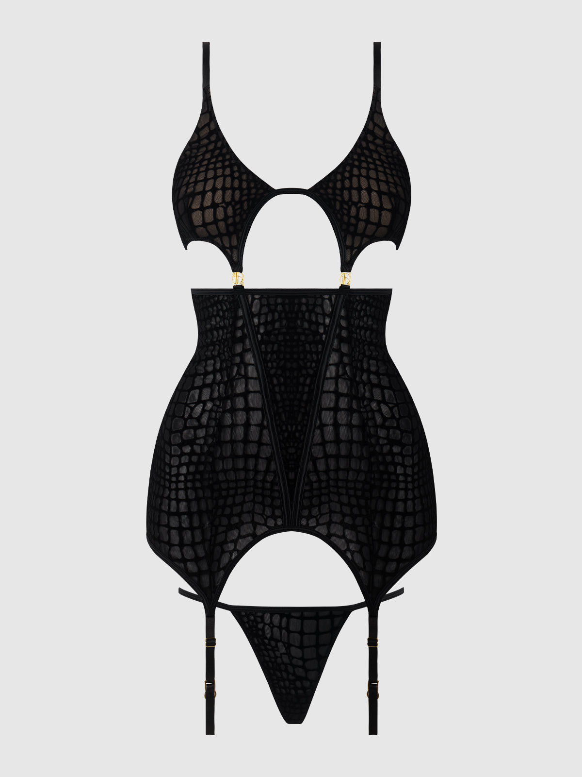 House of Desire Snake Velvet Burnout Mesh Chemise Set Black