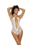 Lace Halter Teddy with Pearl Detail White