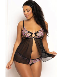 Seven 'til Midnight Pink Floral Lace and Mesh Underwire Flyaway Babydoll