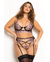 Seven 'til Midnight Queen Floral Lace Mesh Long Line Underwire Garter Bra Set