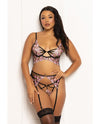 Seven 'til Midnight Pink Floral Lace Mesh Long Line Underwire Garter Bra Set