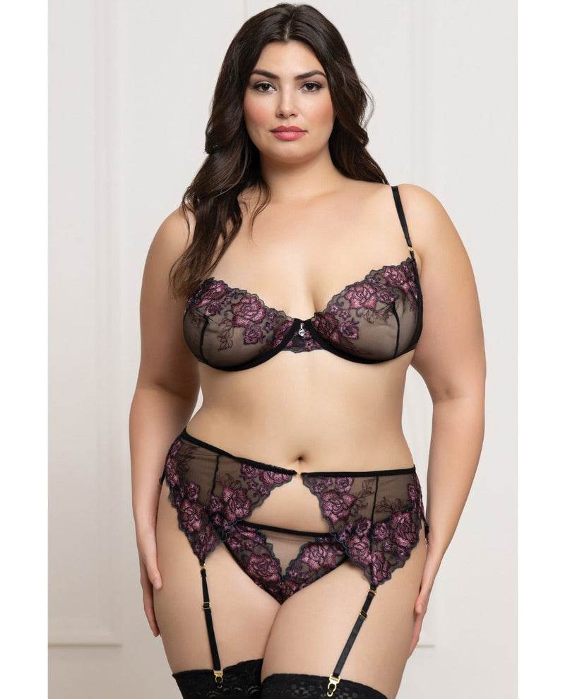 Seven 'til Midnight Queen Floral Lace Underwire Balconette Bra Set Purple/Black