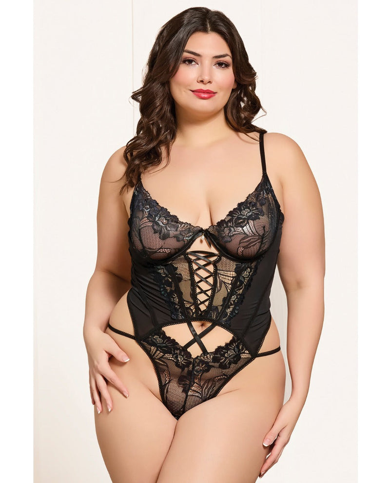 Seven 'til Midnight Queen Floral Lace and Mesh Underwire Teddy Black