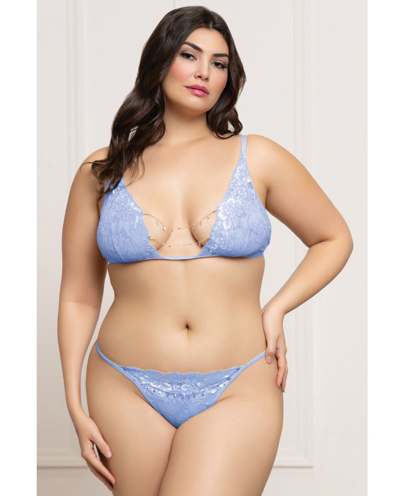 Seven 'til Midnight Queen Lace Rhinestone Chained Bralette Bra Set Periwinkle Blue