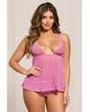 Seven 'til Midnight Pink Lace and Mesh Babydoll w/Thong & Rhinestone Detail