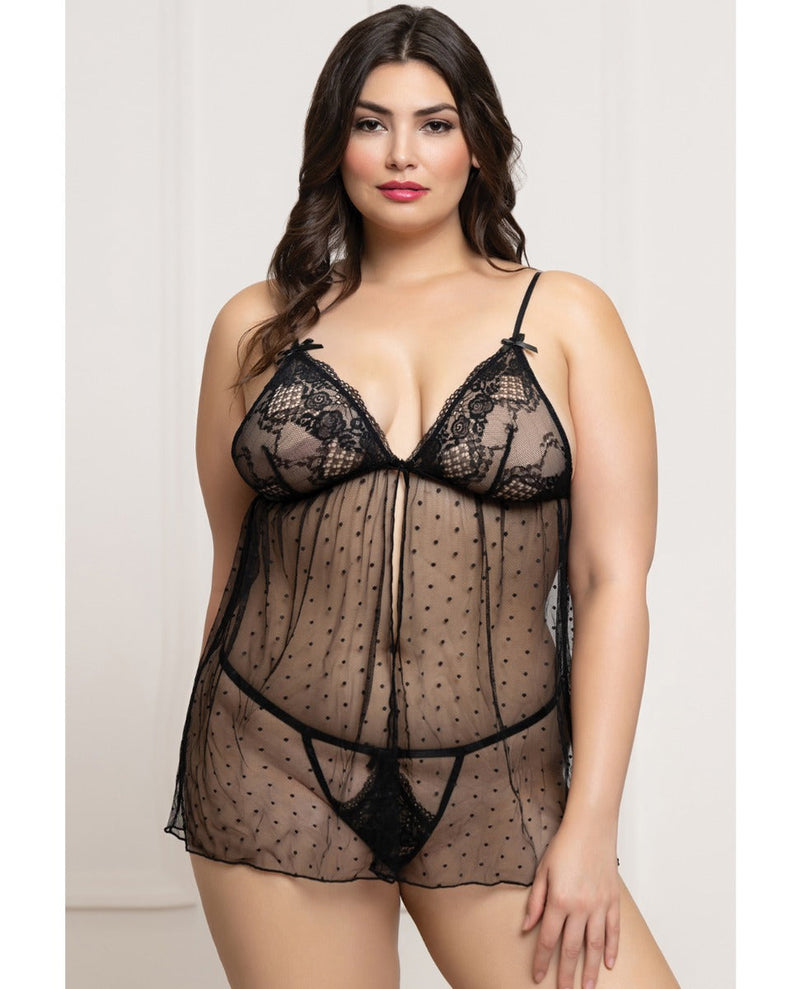 Seven 'til Midnight Queen Lace and Dot Mesh Babydoll w/G-String Set Blac