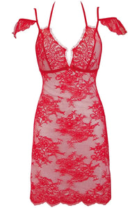 Red lace babydoll with delicate wing-like sleeves, adjustable straps, and a sensually flowing design.