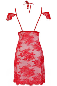 Sensual red lace babydoll with delicate wing-like sleeves, adjustable straps, and neck tie.