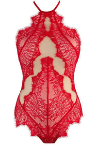 Sensual red lace bodysuit with Oriental lace and delicate tulle, featuring a high neck and intricate pattern.