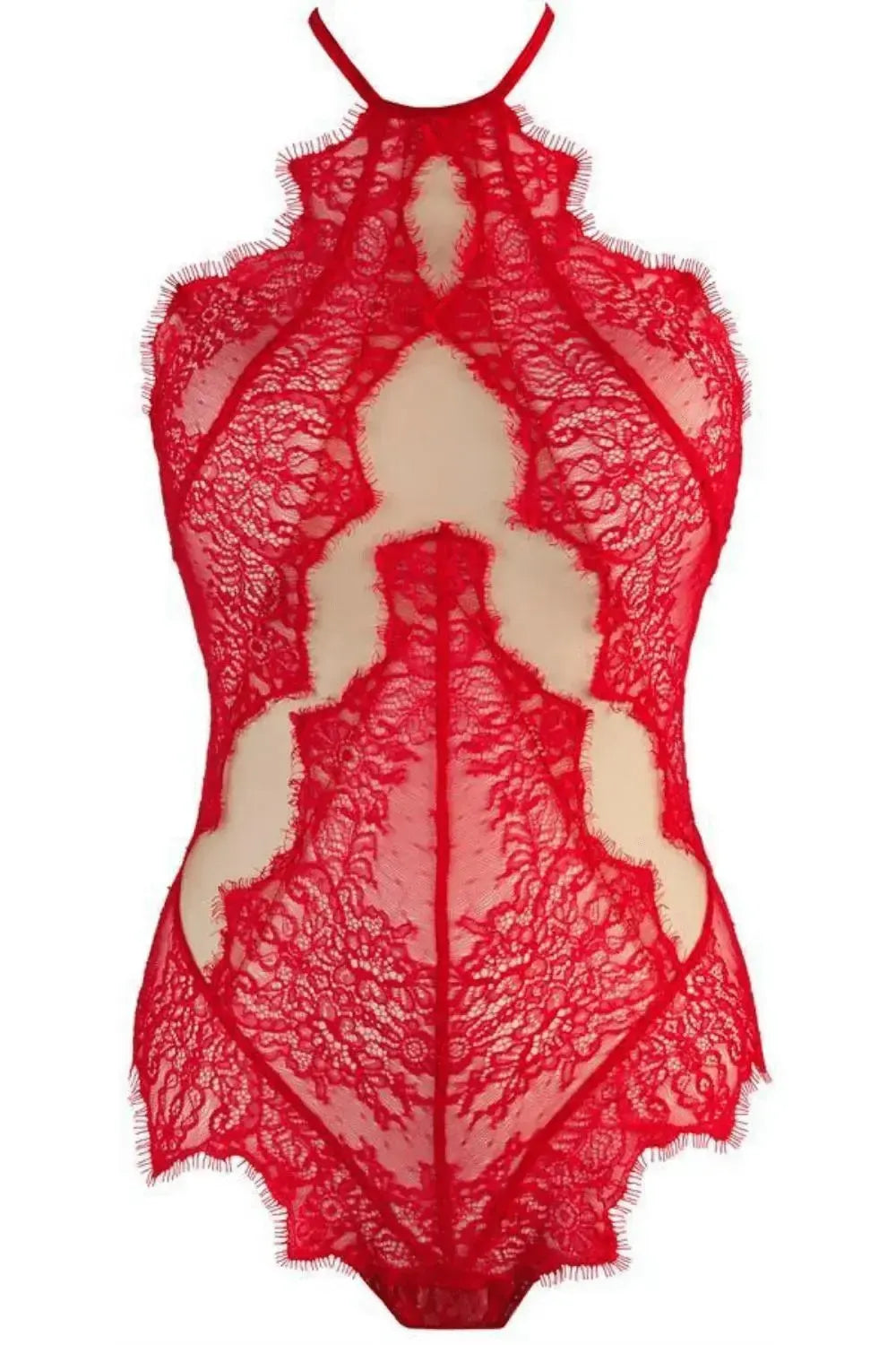 Sensual red lace bodysuit with Oriental lace and delicate tulle, featuring a high neck and intricate pattern.