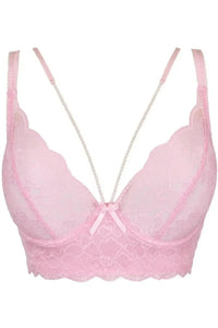 Gorgeous Axami Strawberry Shortcake pink lace longline corset bra with pearl straps and underwired cups.