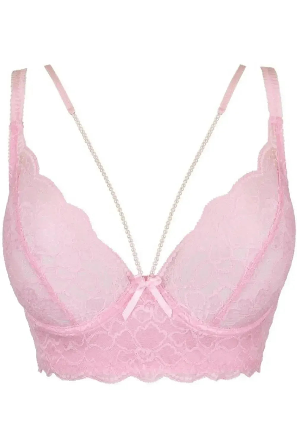 Gorgeous Axami Strawberry Shortcake pink lace longline corset bra with pearl straps and underwired cups.