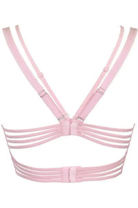 Back view of Axami Strawberry Shortcake longline corset bra with pink lace and adjustable straps.